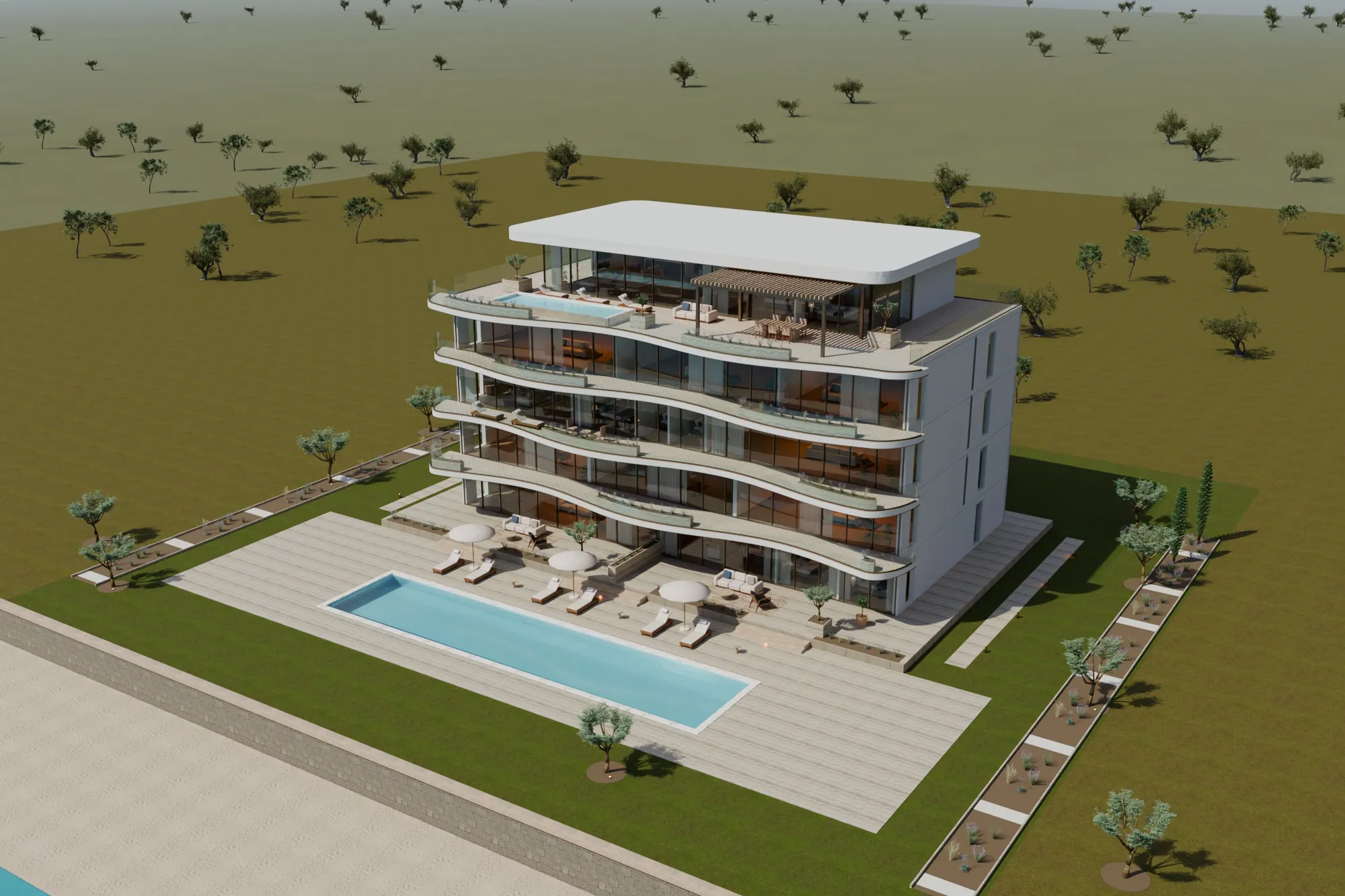 Vue aérienne du projet de démonstration KYMA avec sa piscine et ses espaces extérieurs